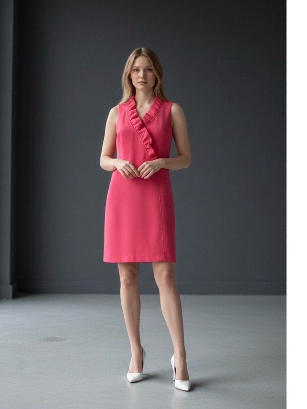 Trina Turk Coral Pink Sleeveless Ruffle V-Neck Shift Dress